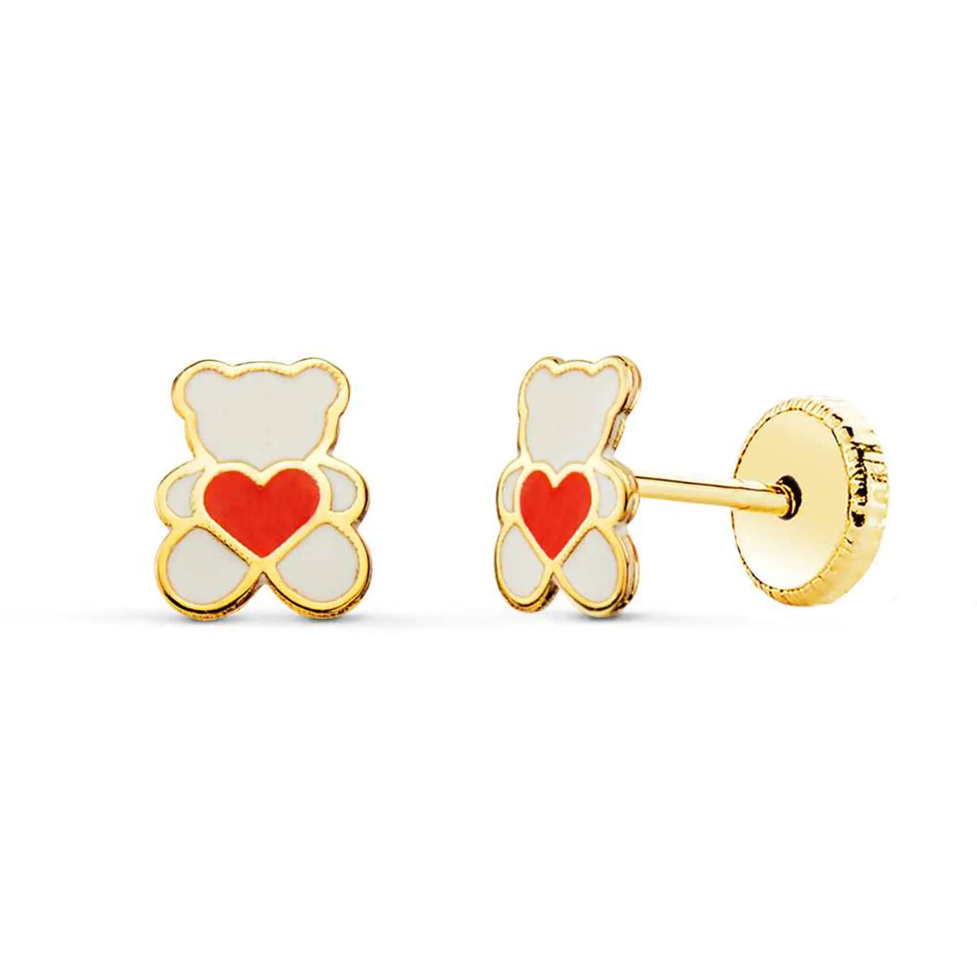 Pendientes oro amarillo oso esmalte blanco y corazón 2