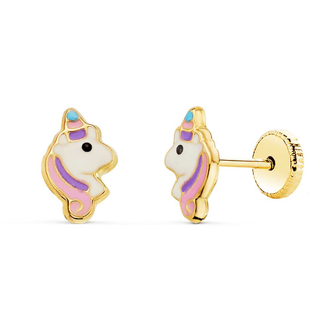 Pendientes oro amarillo unicornios esmaltados