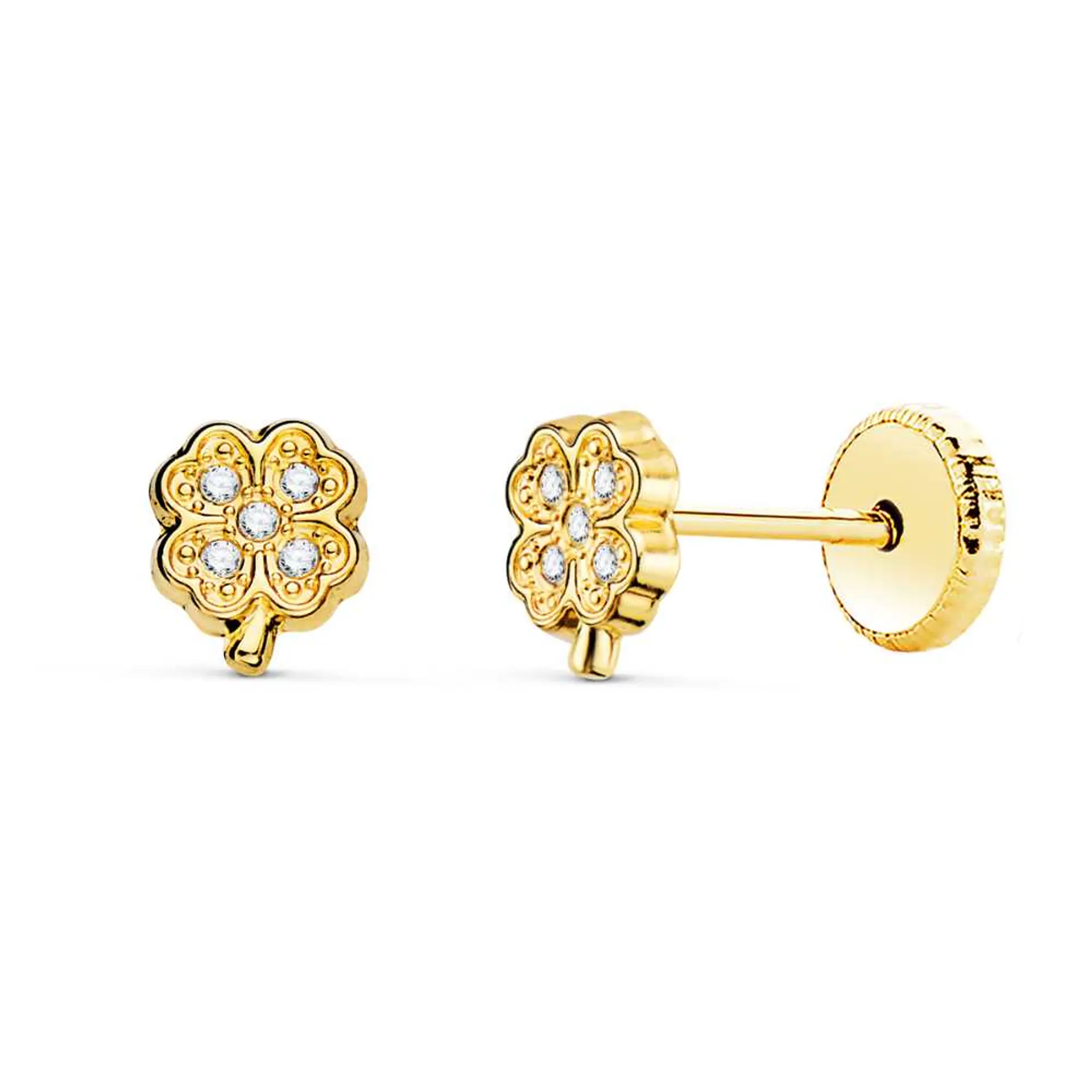 Pendientes oro amarillo cuatrebol con circonitas 1