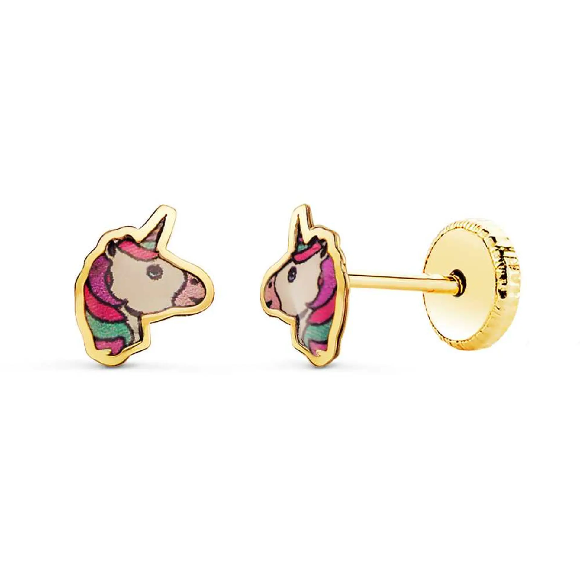 Pendientes oro amarillo unicornios esmalte 1