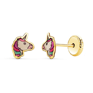 Pendientes oro amarillo unicornios esmalte