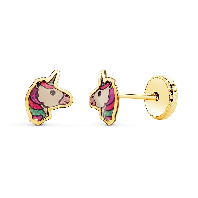 Pendientes oro amarillo unicornios esmalte 1