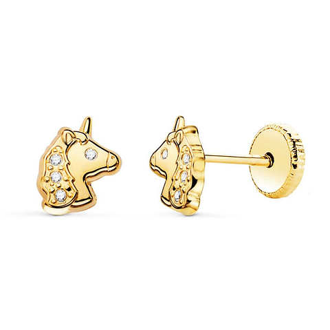 Pendientes oro amarillo unicornios brillo con circonita