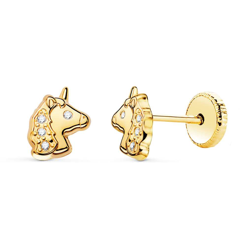 Pendientes oro amarillo unicornios brillo con circonita 2