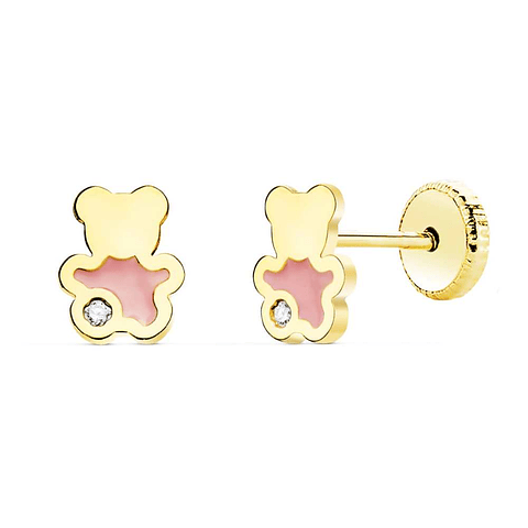 Pendientes oro amarillo oso esmalte rosa