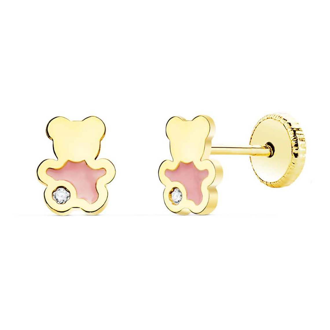 Pendientes oro amarillo oso esmalte rosa 1