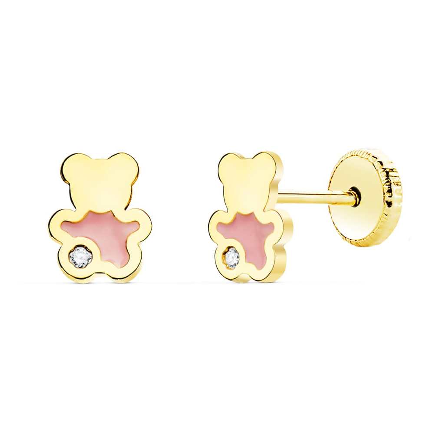 Pendientes oro amarillo oso esmalte rosa 1