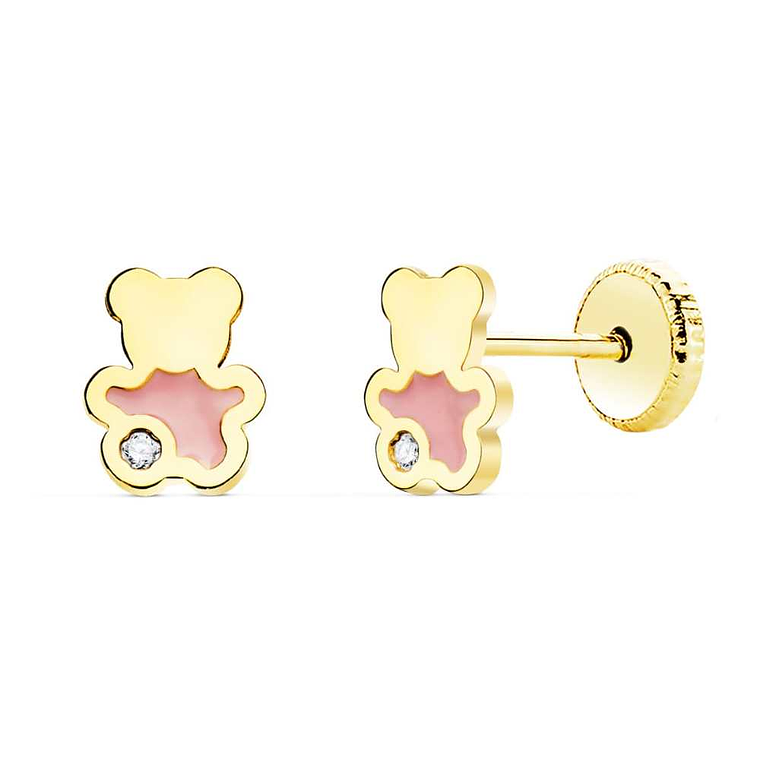 Pendientes oro amarillo oso esmalte rosa 1