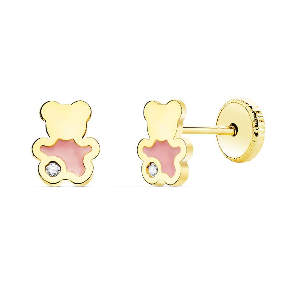 Pendientes oro amarillo oso esmalte rosa 1