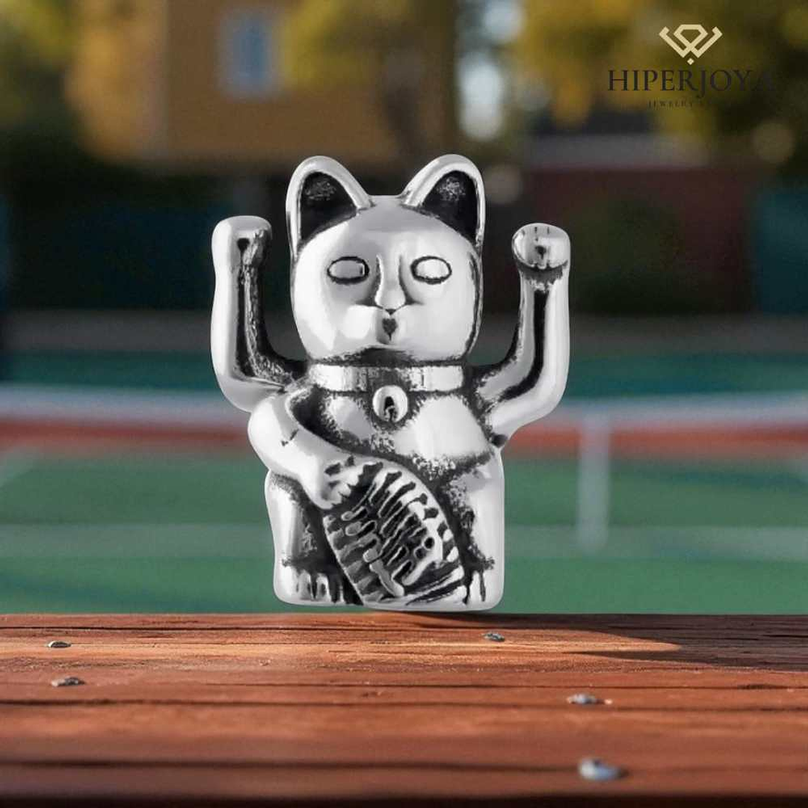 Abalorio gato de la fortuna plata 2