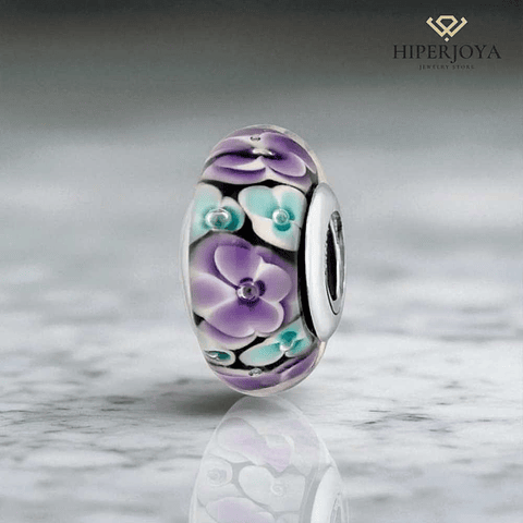 Murano glass bead, silver flowers 