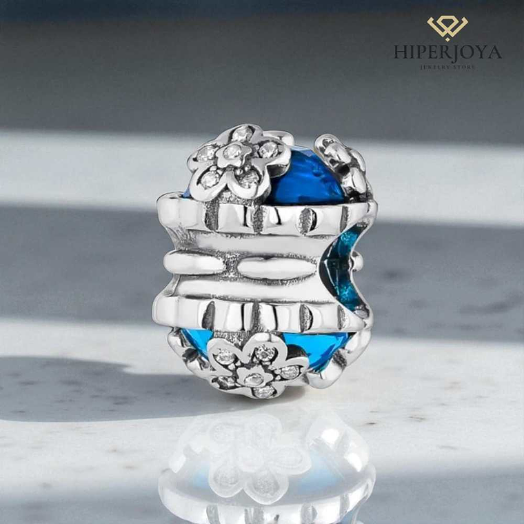 Abalorio flor con mariposa aguamarina plata 2