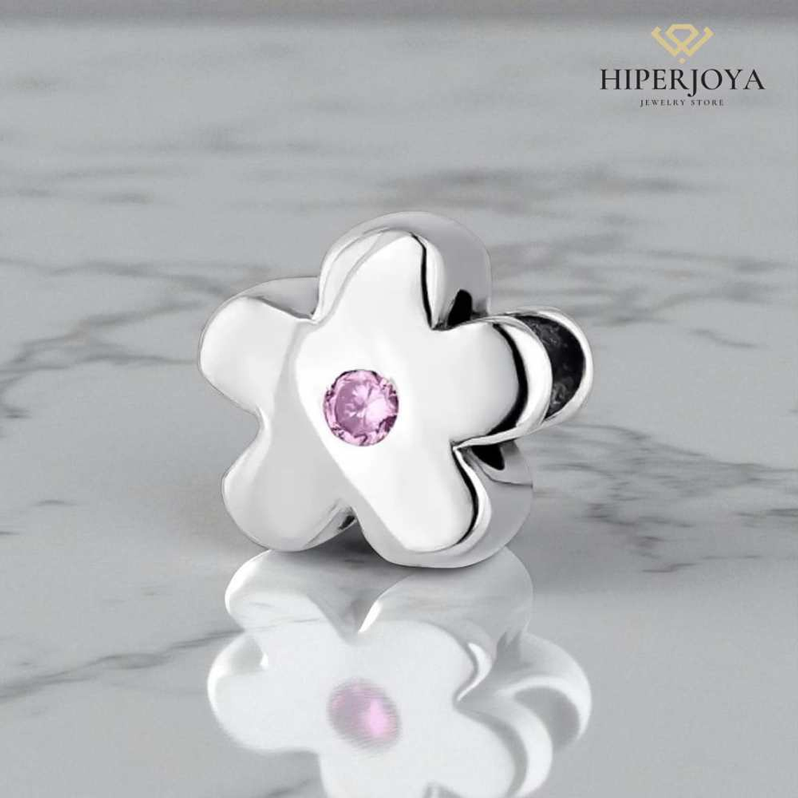 Abalorio flor rosa plata 2