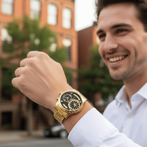 Reloj de acero dorado doble horario 