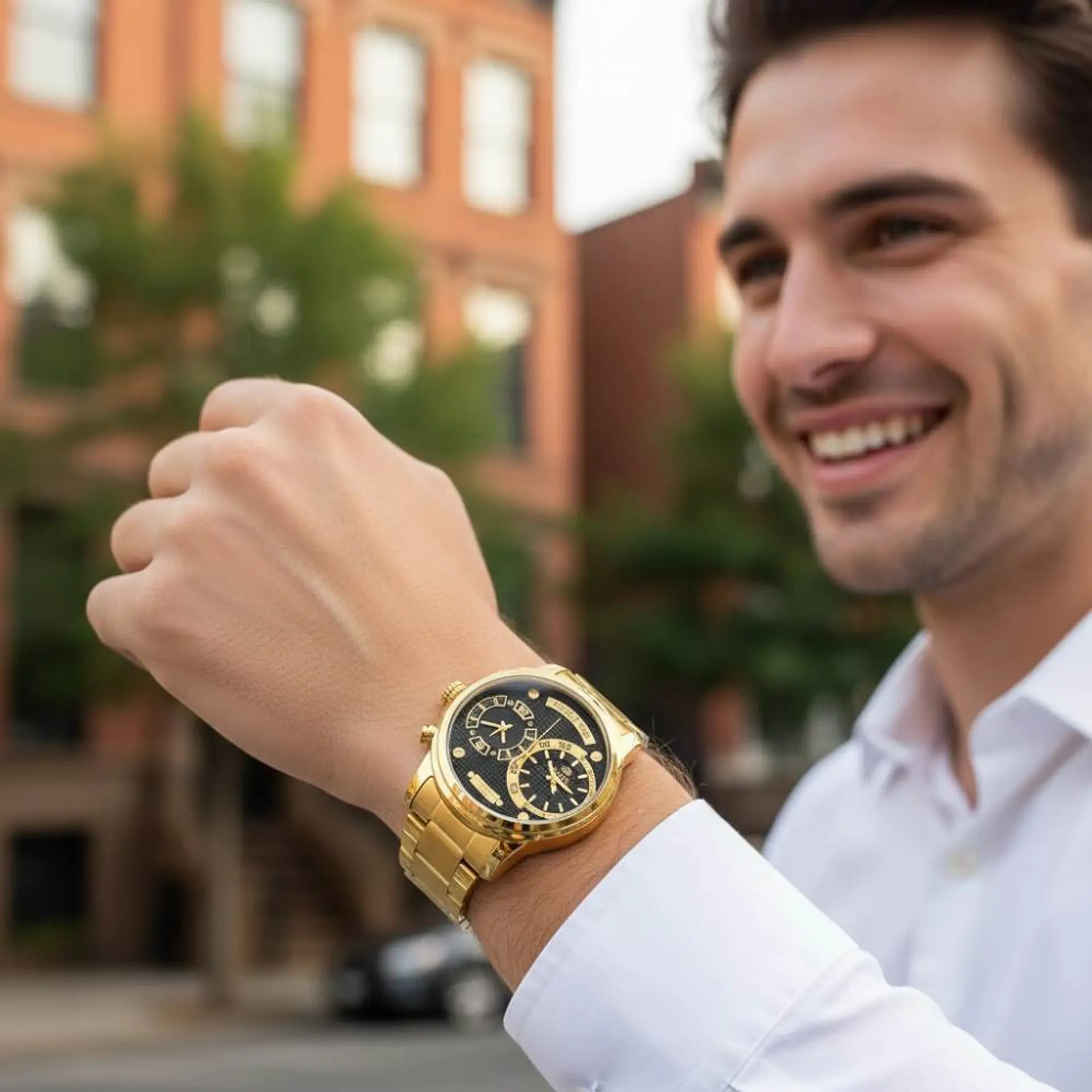Reloj de acero dorado doble horario  2