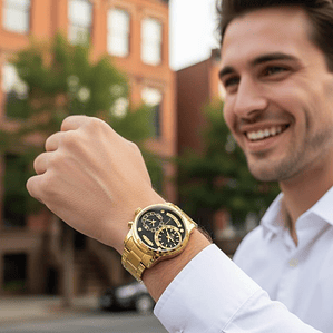 Reloj de acero dorado doble horario 