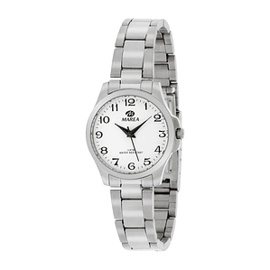 Reloj plateado de esfera blanca 