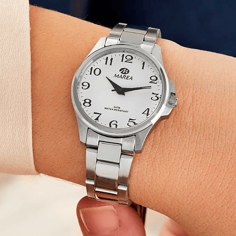 Reloj plateado de esfera blanca 