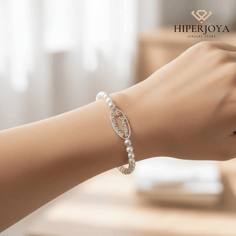 Pulsera de perlas personalizada plata
