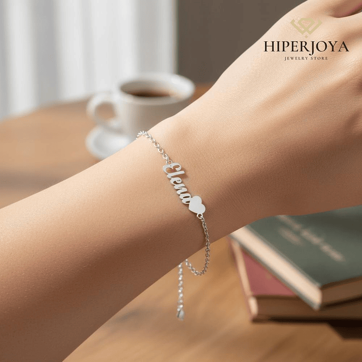 Pulsera personalizada con nombre y corazón plata 2