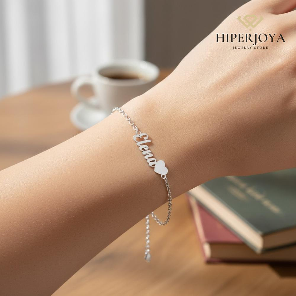 Pulsera personalizada con nombre y corazón plata 2