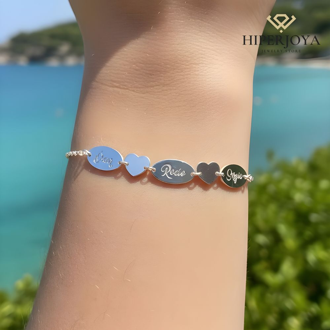 Pulsera personalizada nombres y corazones plata 2