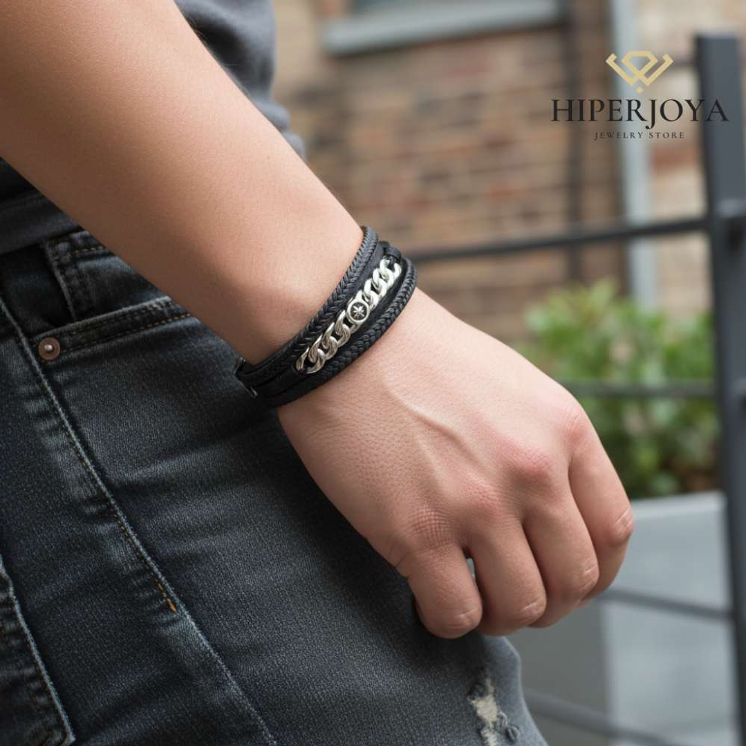 Pulsera de caballero acero cuero trenzado negro 2