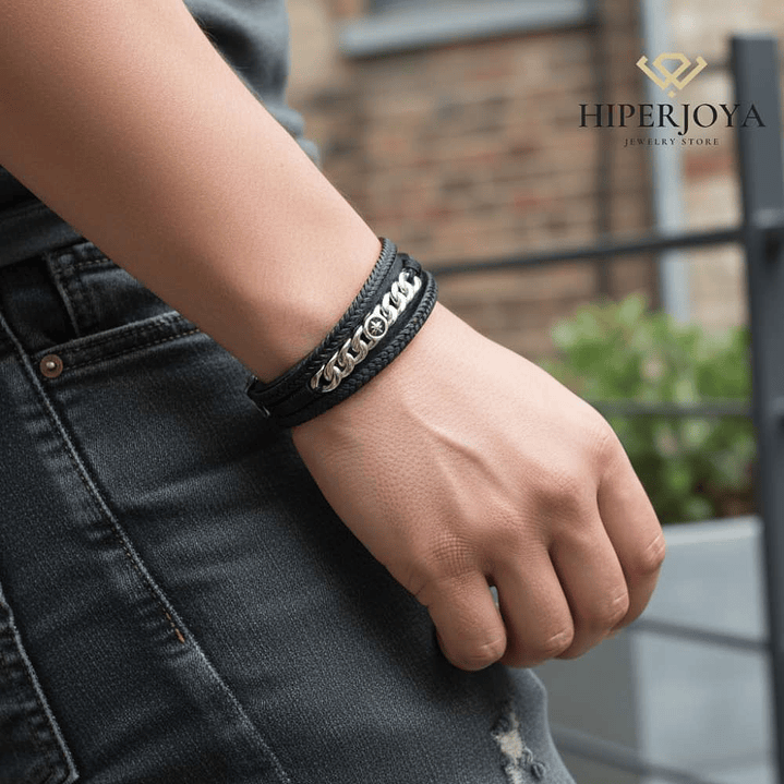 Pulsera de caballero acero cuero trenzado negro 2