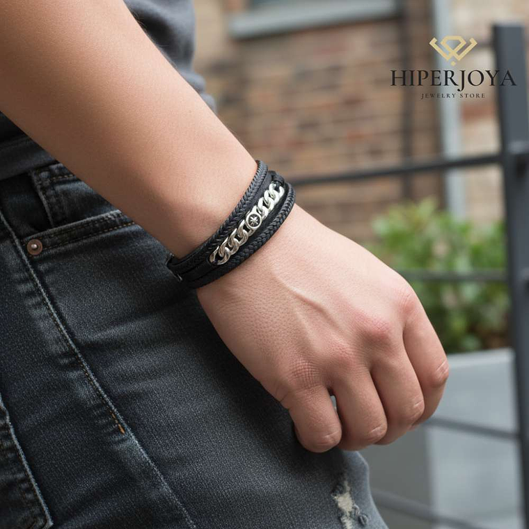 Pulsera de caballero acero cuero trenzado negro 1