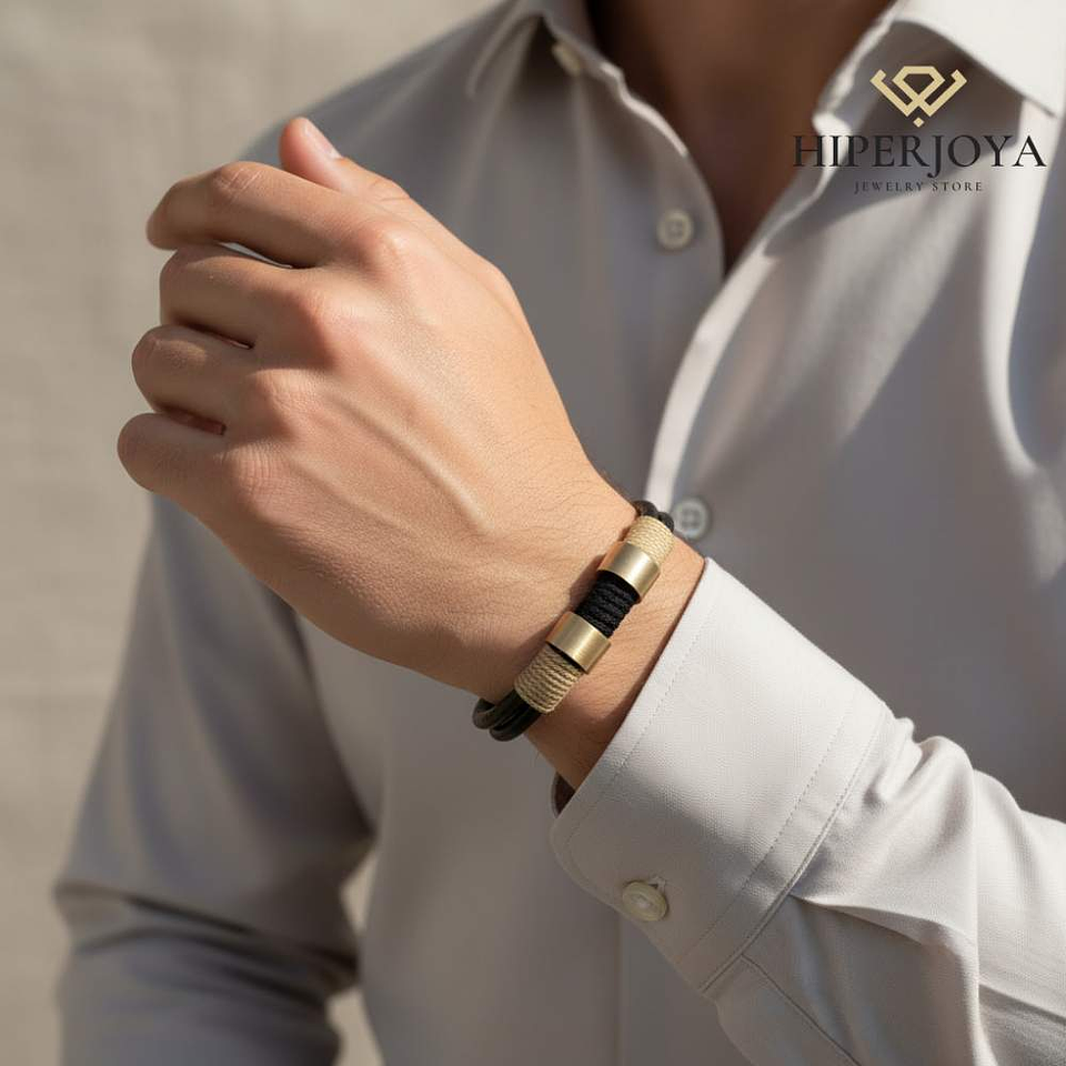 Pulsera para caballero cuero negro doble 1