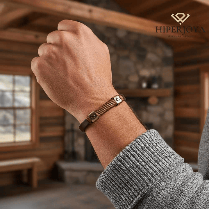 Pulsera de hombre acero dorado con hilo y cuero marrón 2