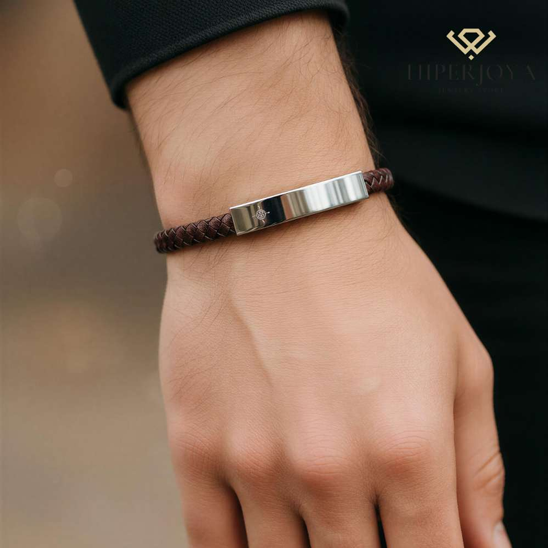 Pulsera de caballero piel trenzada y placa de acero 2