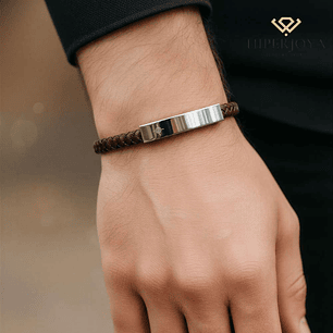 Pulsera de caballero piel trenzada y placa de acero