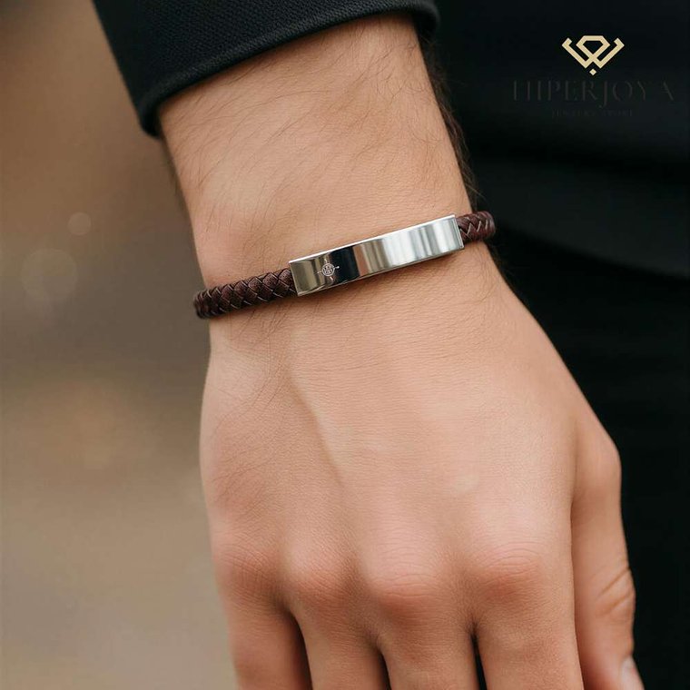 Pulsera de caballero piel trenzada y placa de acero 2