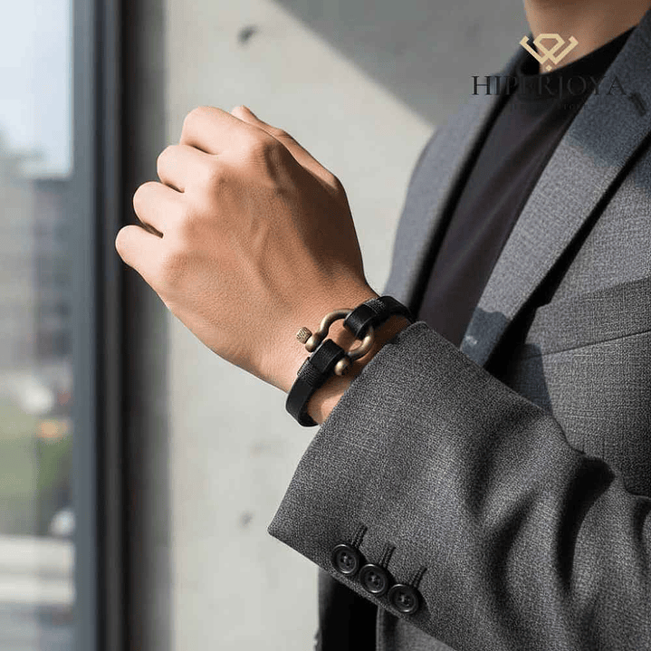 Pulsera de caballero con hilos y cuero negro 2