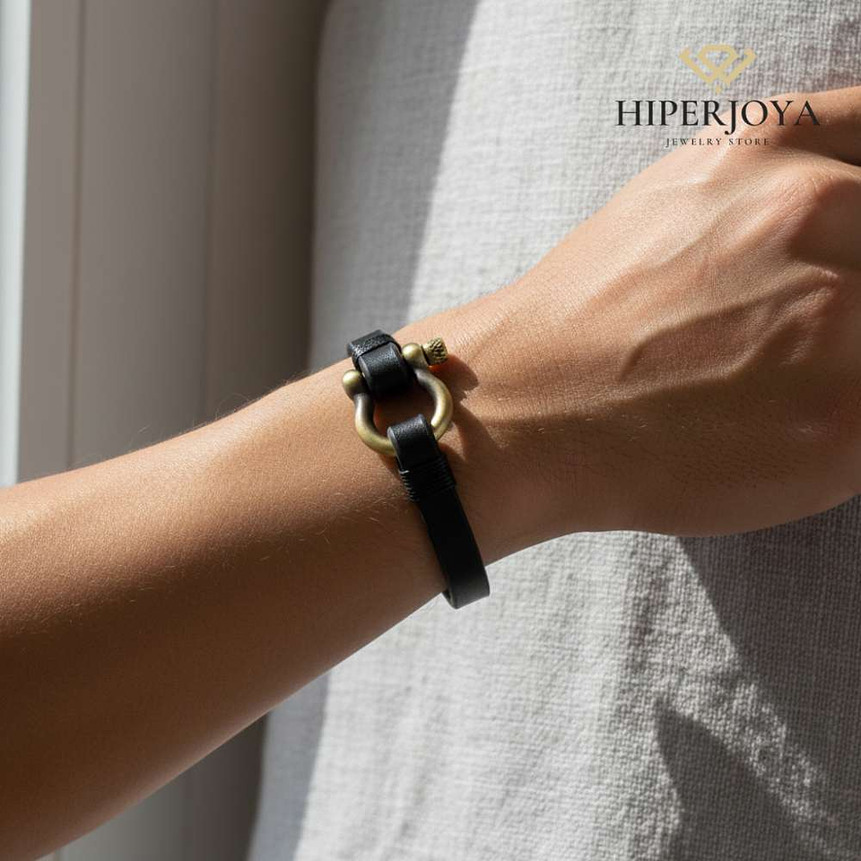 Pulsera de caballero con hilos y cuero negro 3