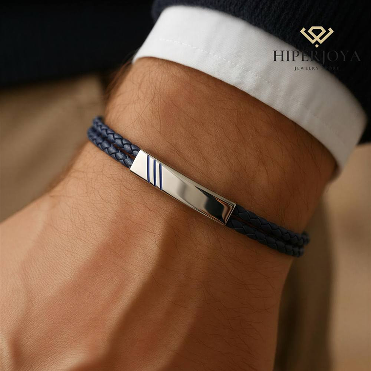 Pulsera para caballero en piel azul y acero  1