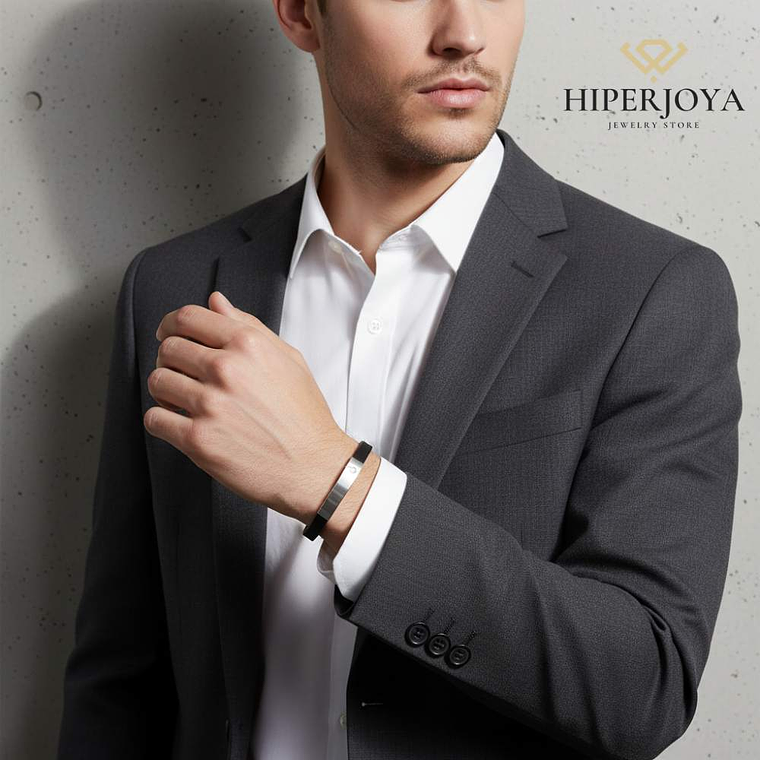 Pulsera para caballero de cuero negro y placa en acero  3