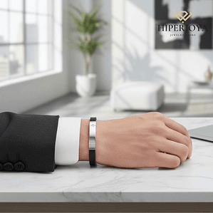 Pulsera para caballero de cuero negro y placa en acero 