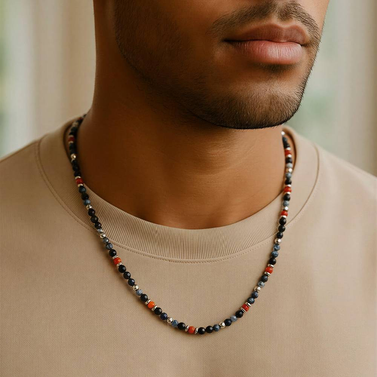 Collar con ágata negra, roja y piedra azul 2