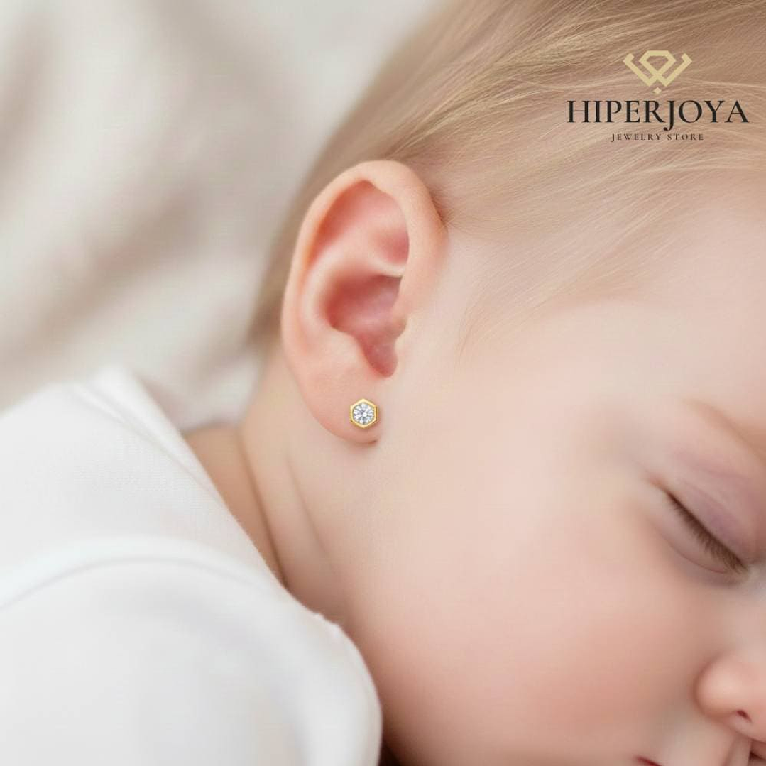 Pendientes hexágono y circonita Oro 18k  3