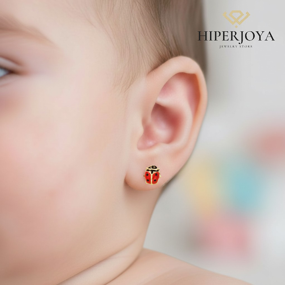 18K pendientes oro amarillo mariquita esmalte. 2