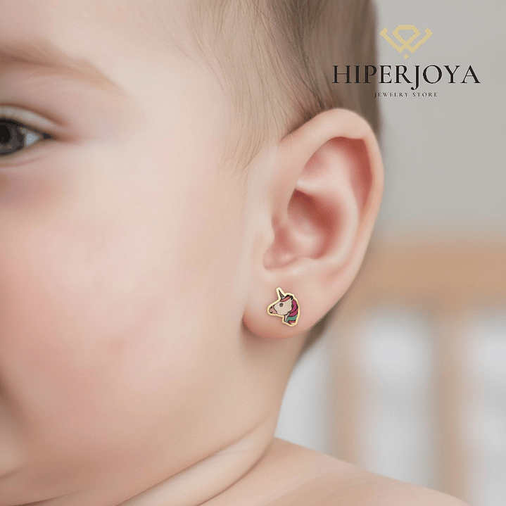 18K pendientes oro amarillo unicornios esmalte. 2