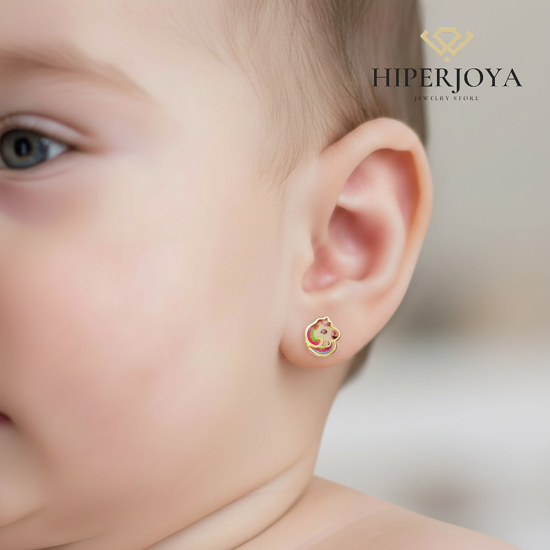 18K pendientes oro amarillo unicornios esmalte. 2