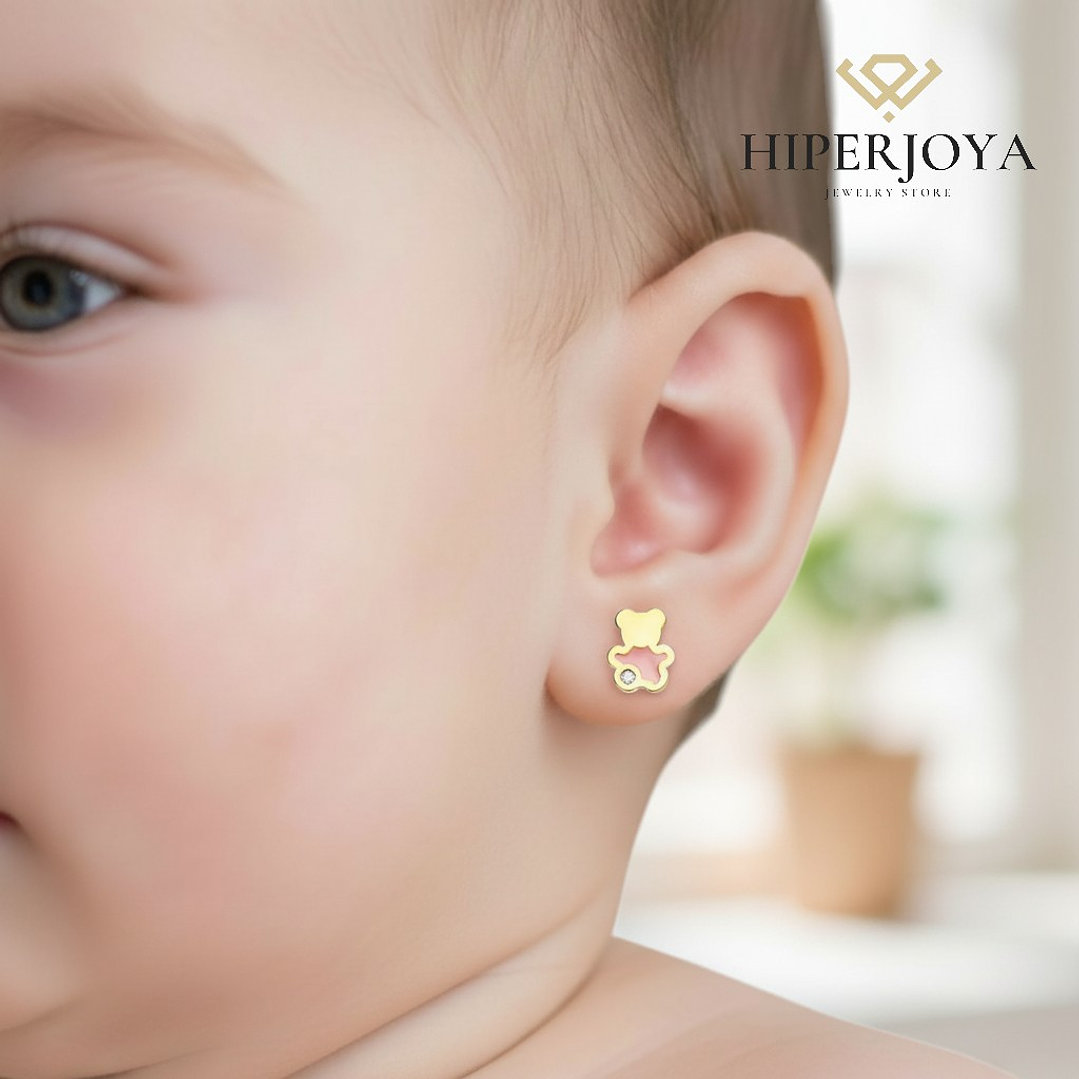 18K pendientes oro amarillo oso esmalte rosa. 2