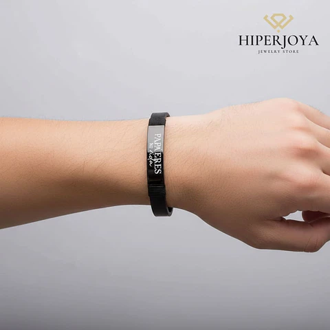 Pulsera de caballero personalizada acero y cuero negro 