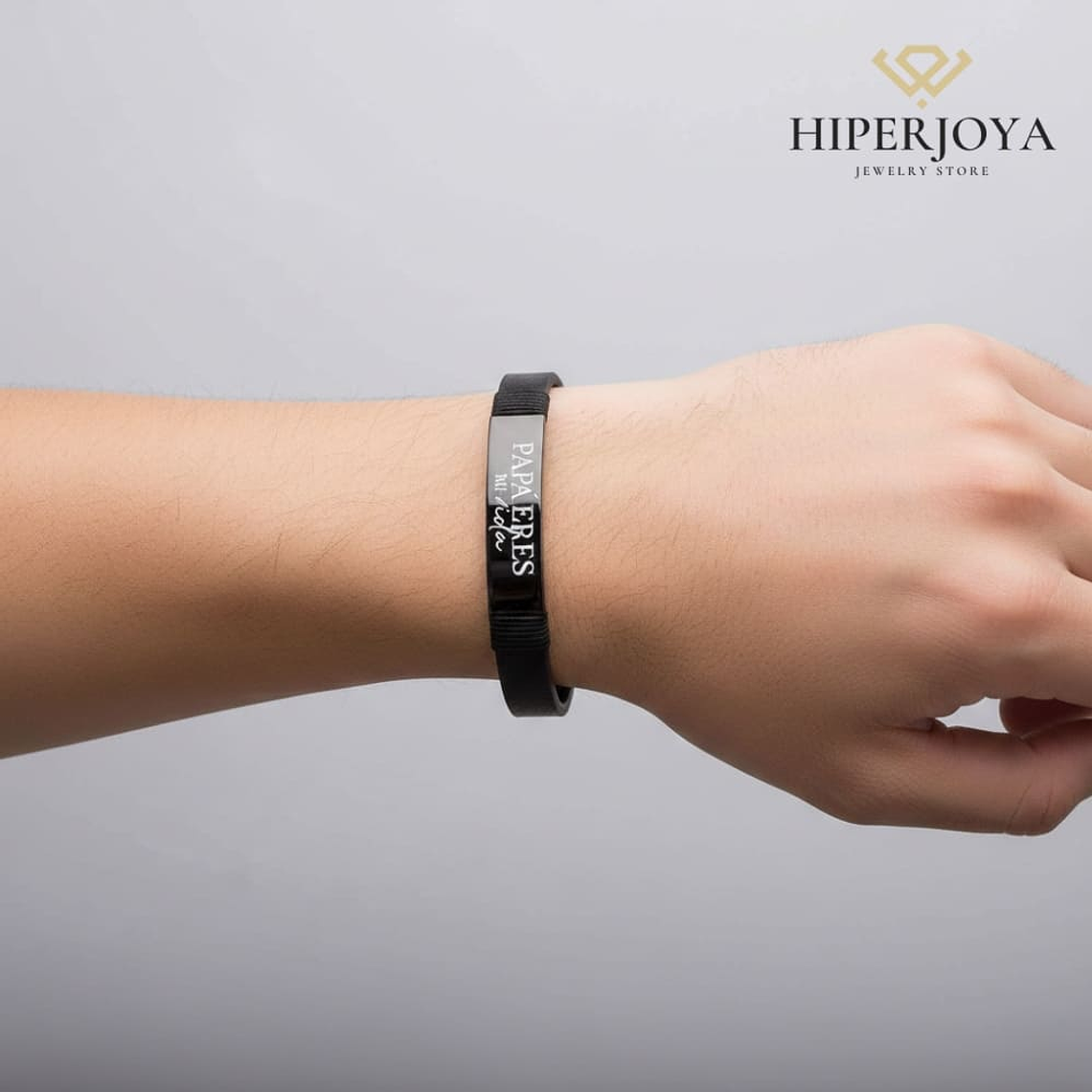 Pulsera de caballero personalizada acero y cuero negro  1