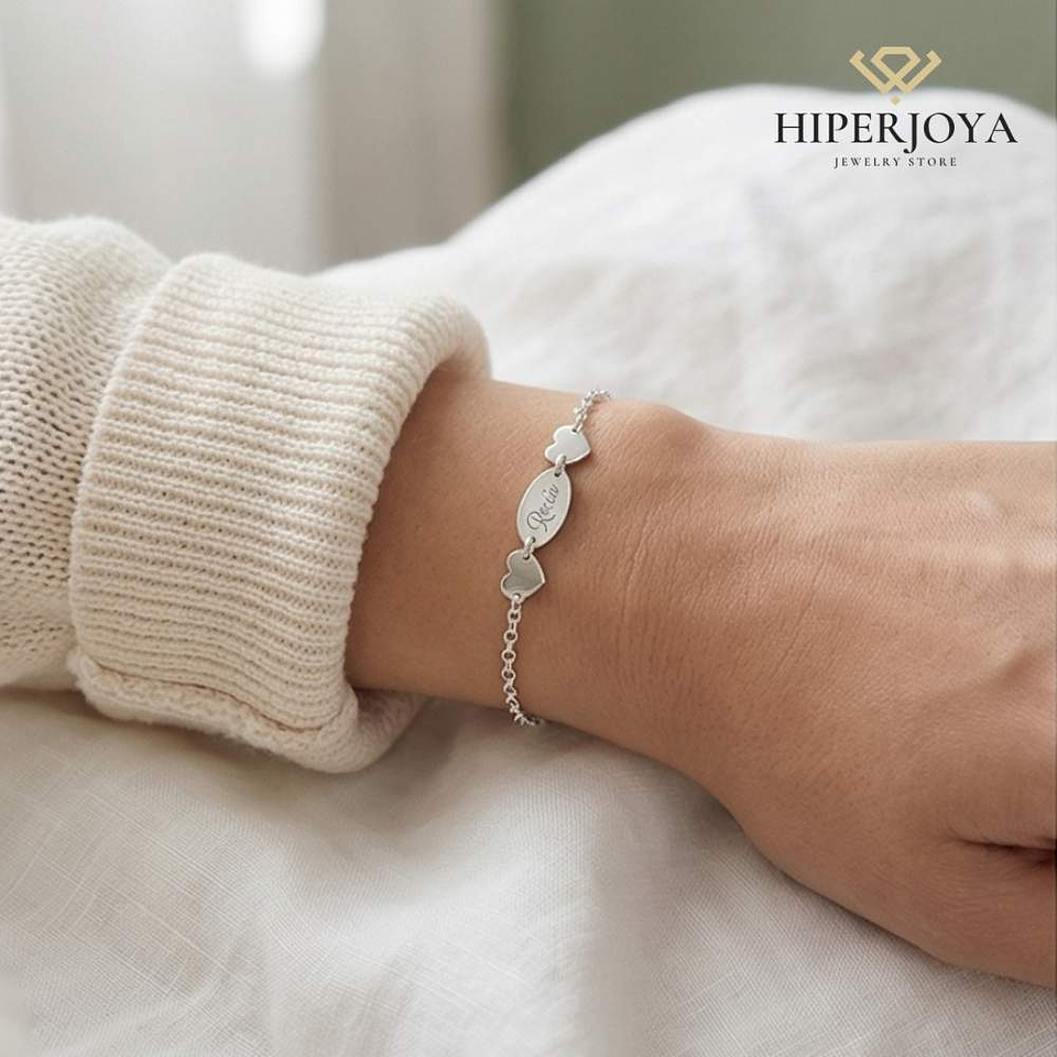 Pulsera personalizada nombres y corazones plata 2