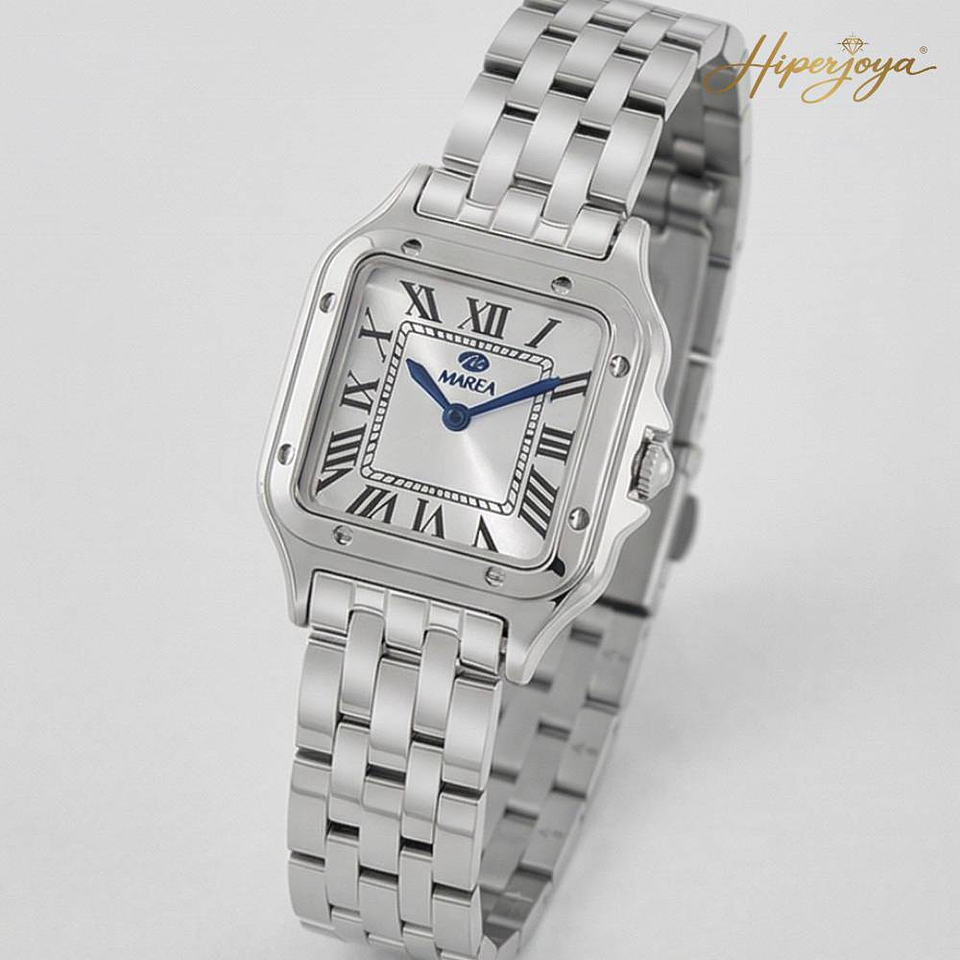 Reloj plateado clásico con detalles azules  4