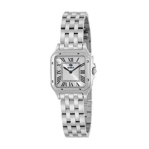 Reloj plateado clásico con detalles azules 